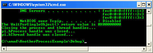 Creating Processes Program Example: A sample console program output in action with an argument - ipconfig /all 2