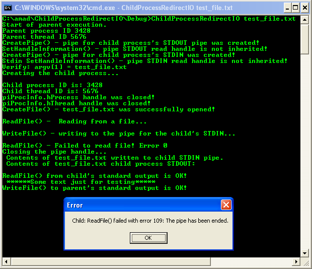 Creating a Child Process with Redirected Input and Output Program Example: A sample console program output in action with a text file as an argument
