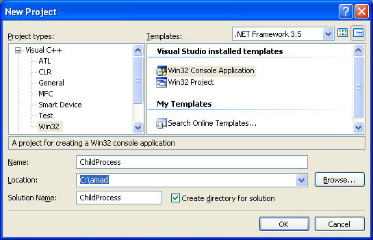 The Child Process Program Example: Creating new Win32 C++ console application project in Visual C++ .NET