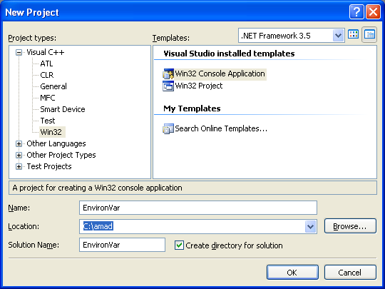 Changing Environment Variables Program Examples: Creating new Win32 C++ console application project in Visual C++ .NET