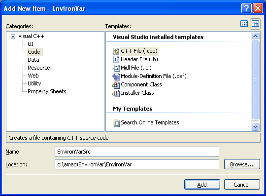 Changing Environment Variables Program Examples: Adding new C++ source file for C++ source code to the existing C++ project