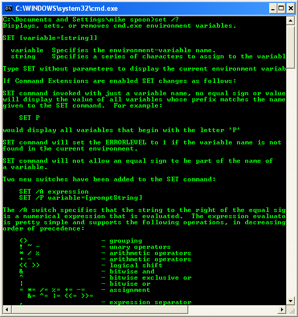 Environment Variables: Program Example 2 - The set command options