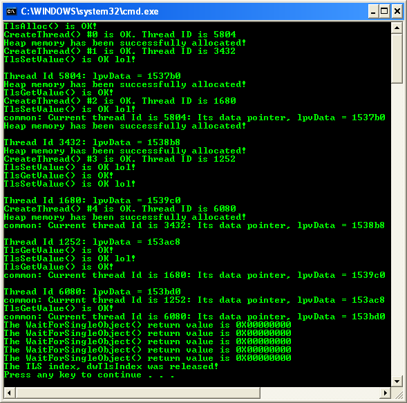 Using Thread Local Storage Program Example: A sample console program output in action