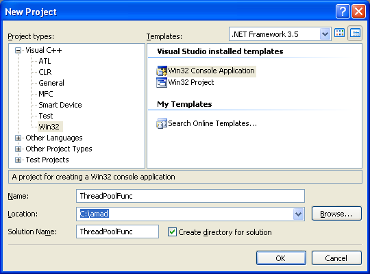 Using the Thread Pool Functions Program Example (Vista/Server 2008): Creating new Win32 C++ console application project in Visual C++ .NET
