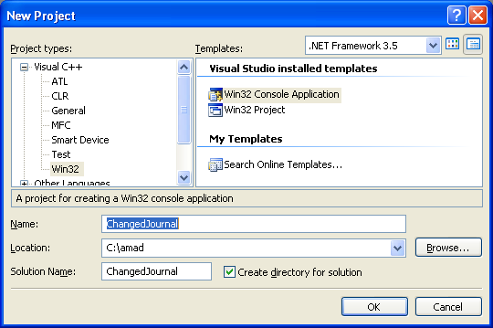 Walking a Buffer of Change Journal Records Program Example - creating a new Win32 console application