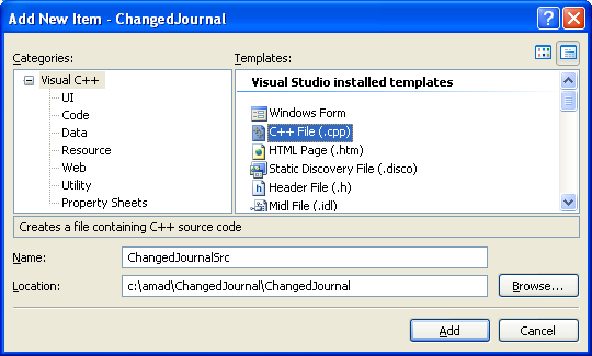 Walking a Buffer of Change Journal Records Program Example - adding a new C++ source code using Add New Item menu