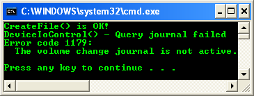 Walking a Buffer of Change Journal Records Program Example - a sample output on the machine that the Journal is not active